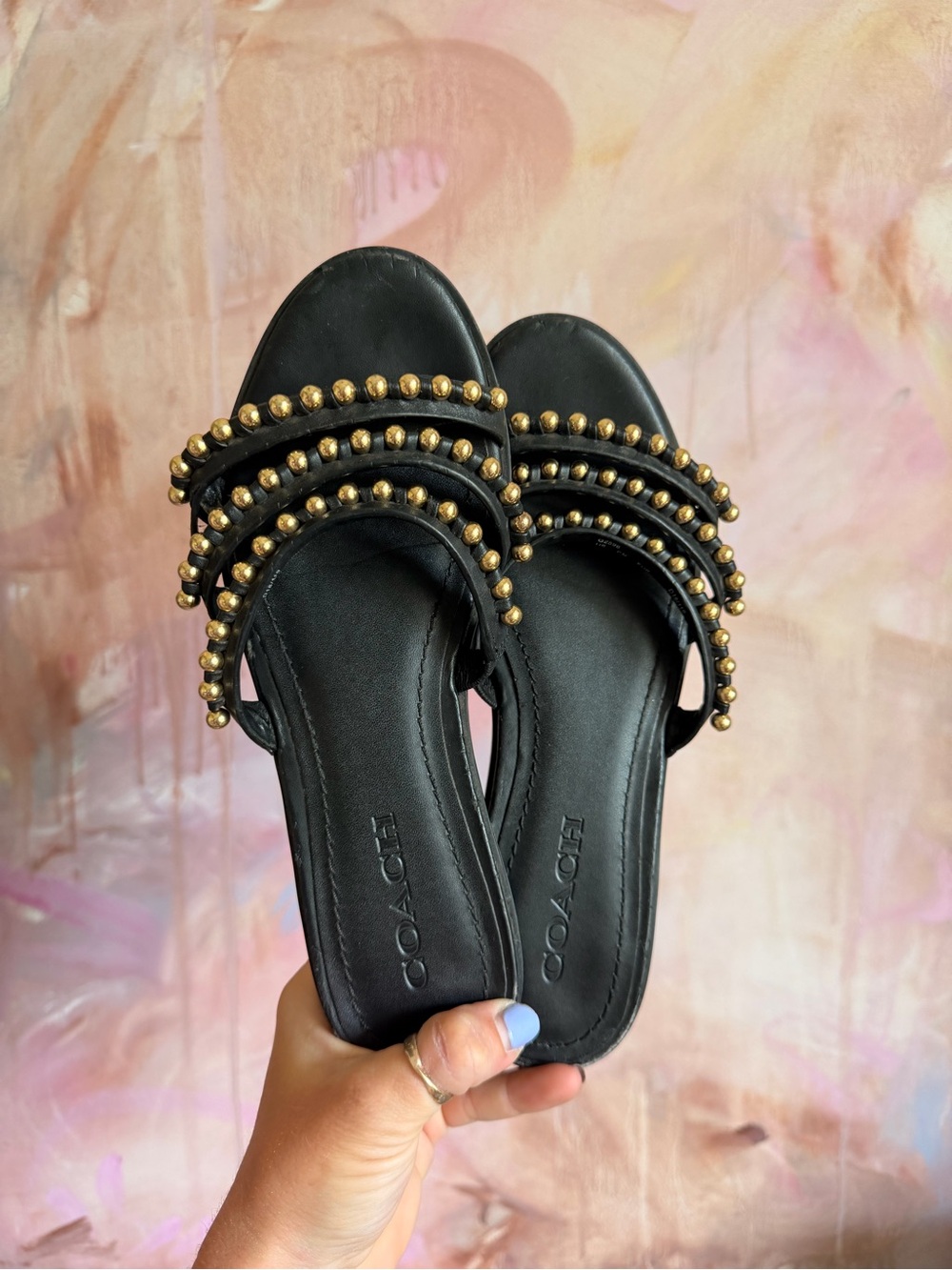 COACH Black Slide Sandals with Gold Bead Trim